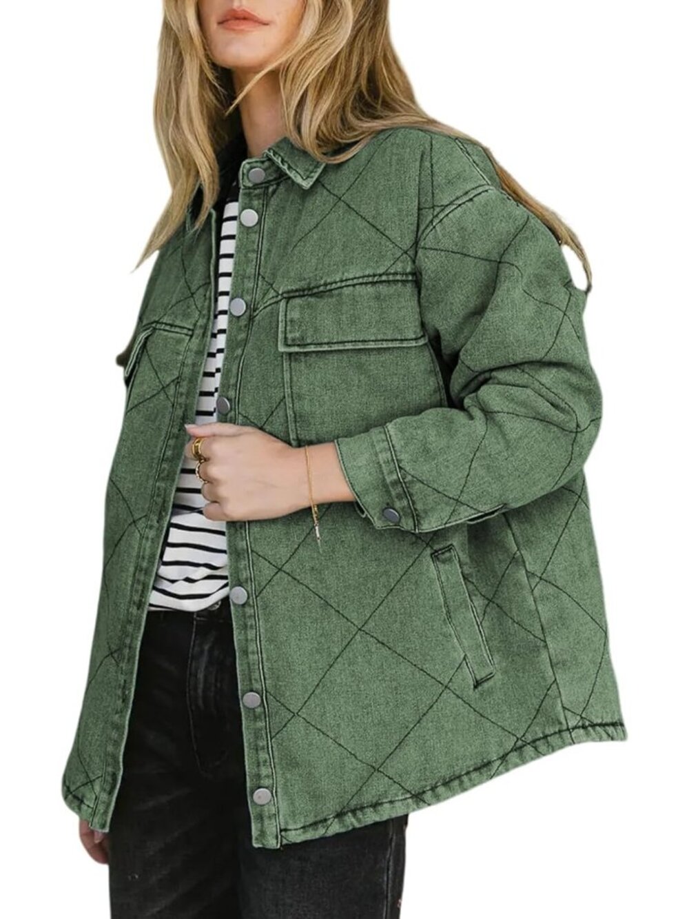 Women’s Green Long Sleeve Button Down Oversized Denim Jacket Pocket Shacket
